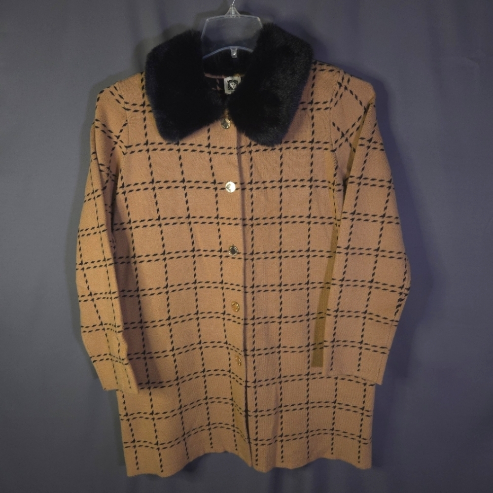 Anne Klein Faux Fur Collar Knit Button Down‎ Duster Size Small Black Tan Plaid